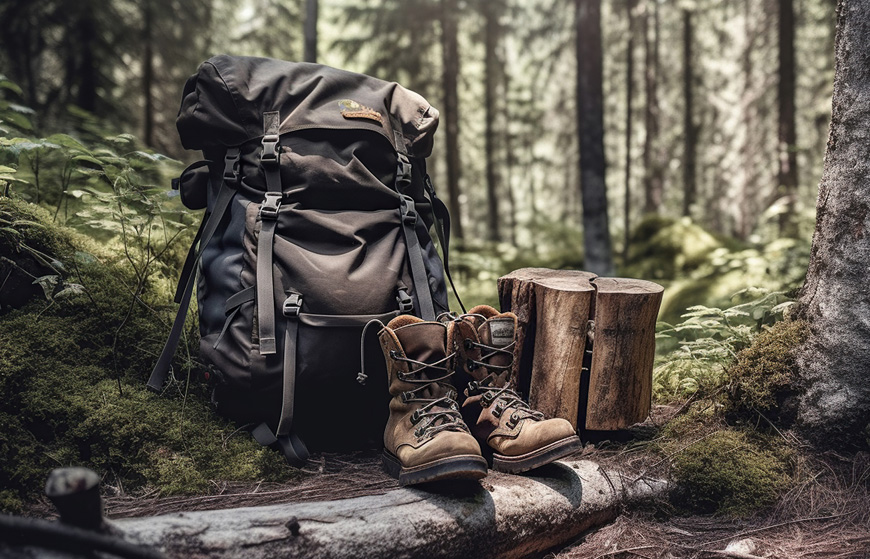 Hiking equipment in forest. Backpack and leather ankle boots. Ge